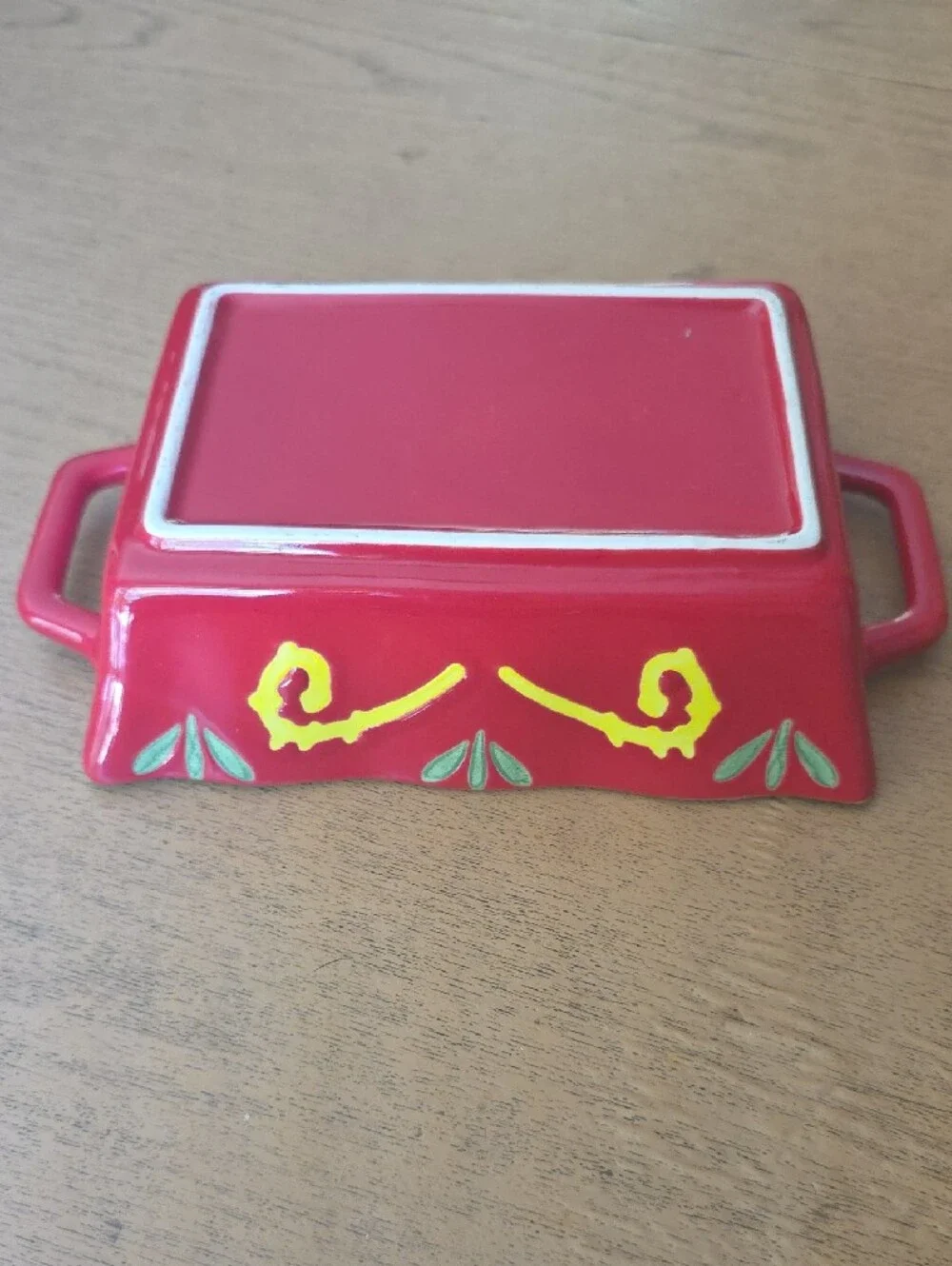 Red and Green Ceramic Serving Baker with Decorative Yellow Accents